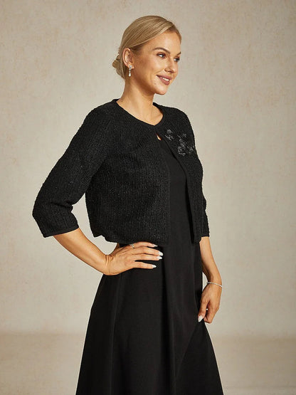 Cropped 3/4 Sleeve Tweed Jacket with Beaded Embroidery