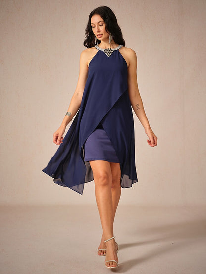 Chiffon Solid Sleeveless Halter Neck Navy Blue Dress