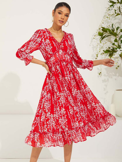 Red Floral Swing Chiffon Maxi Dress