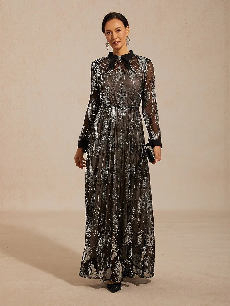 Sequin Mesh Overlay Dress with Crystal Button