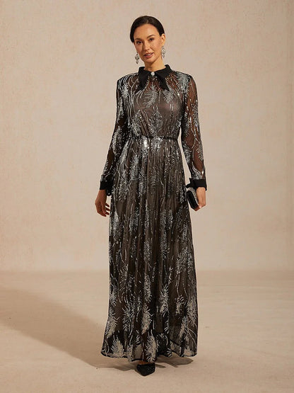 Sequin Mesh Overlay Dress with Crystal Button