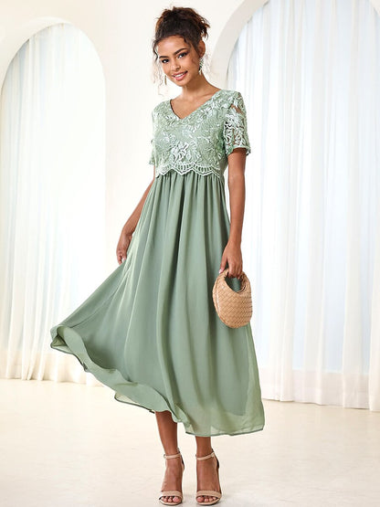 Chiffon Lace V Neck Short Sleeve Flared Midi Dress