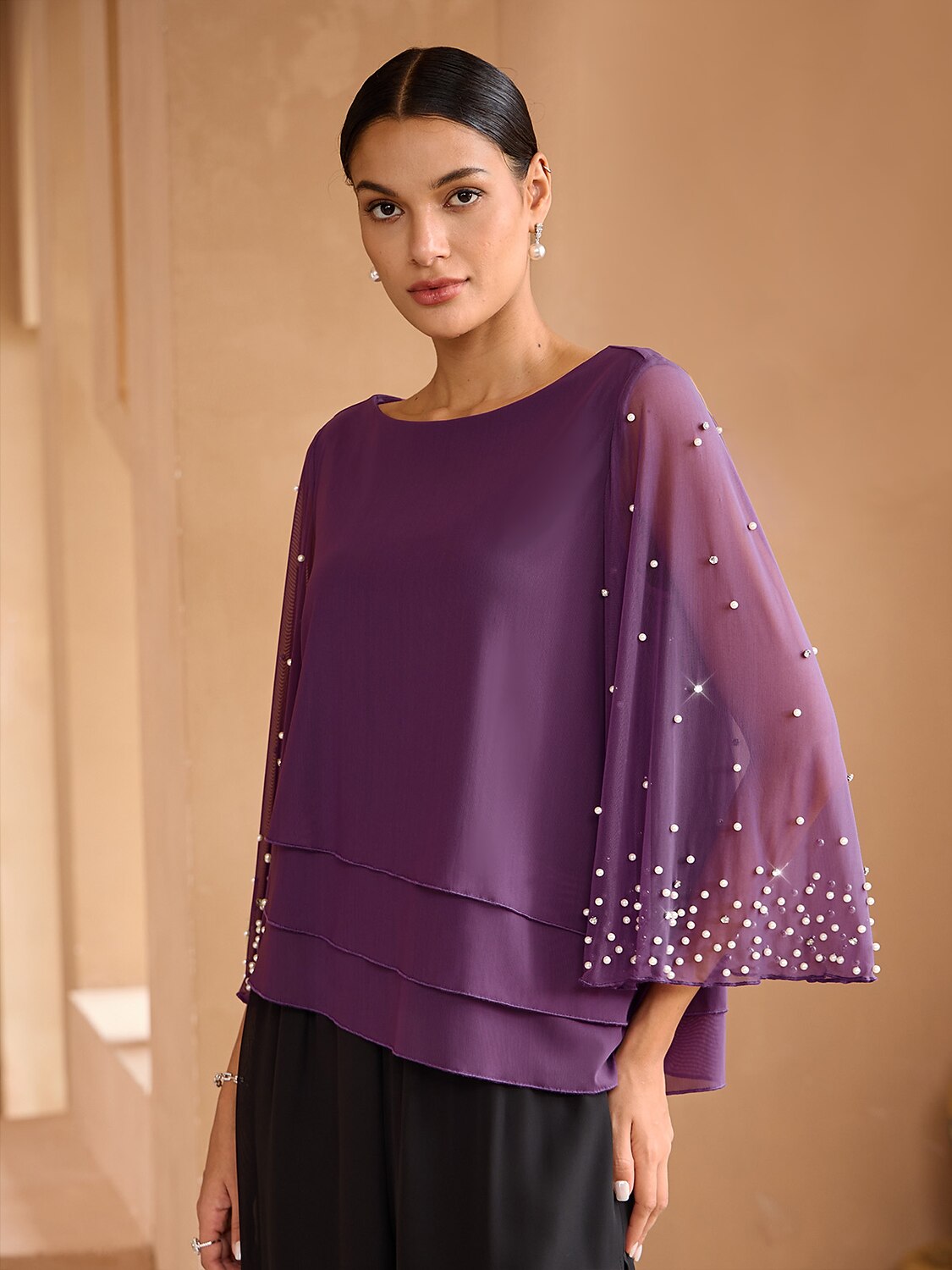 Beaded Layered Mesh Blouse