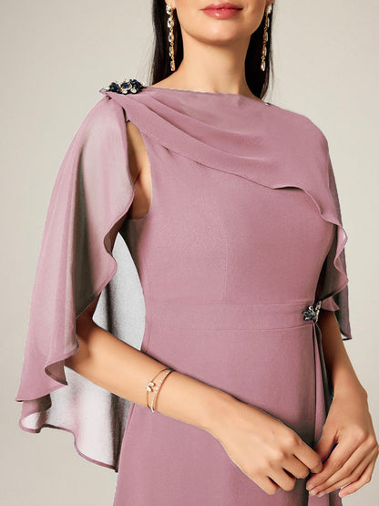 Asymmetrical Boat Neck Ruffled Chiffon Cape Dress