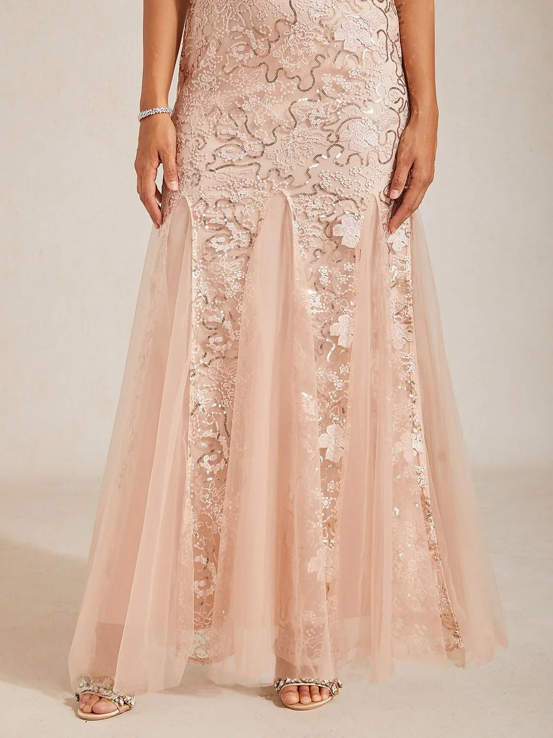 Sequin Mesh Mermaid Evening Gown with Sheer Shawl