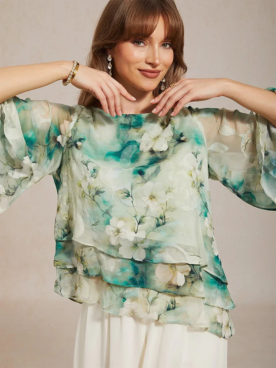 Lace Chiffon Layered Blouse with Floral Print
