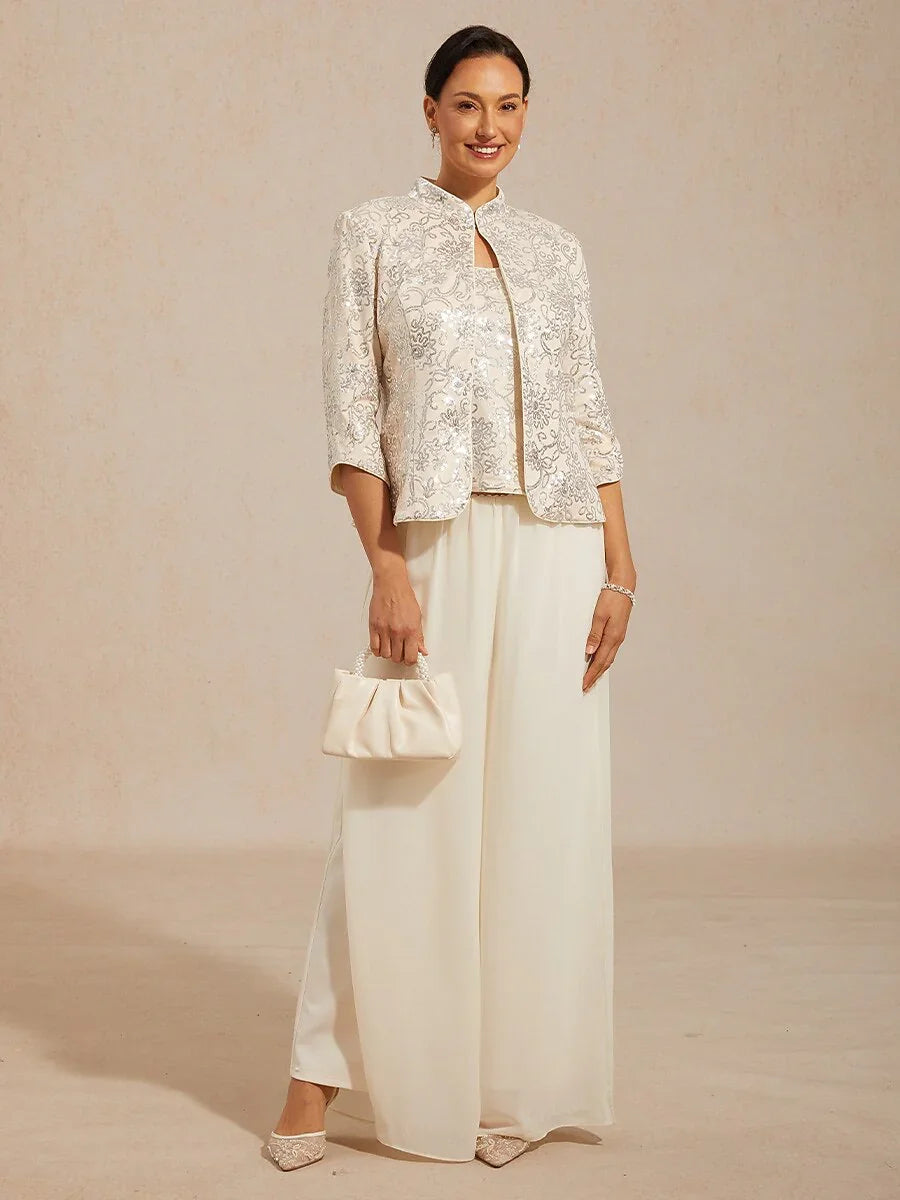 Elegant Mandarin Collar Sequin Twinset