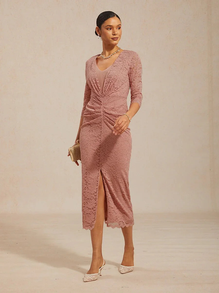 Lace Ruched Midi Dress with Front Slit