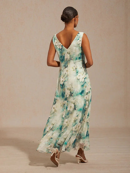 Floral Cowl Neck Tea-Length Dress with Flounce Hem