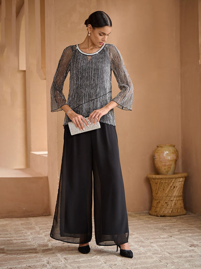 Layerd Pleated Glitter Chiffon Blouse