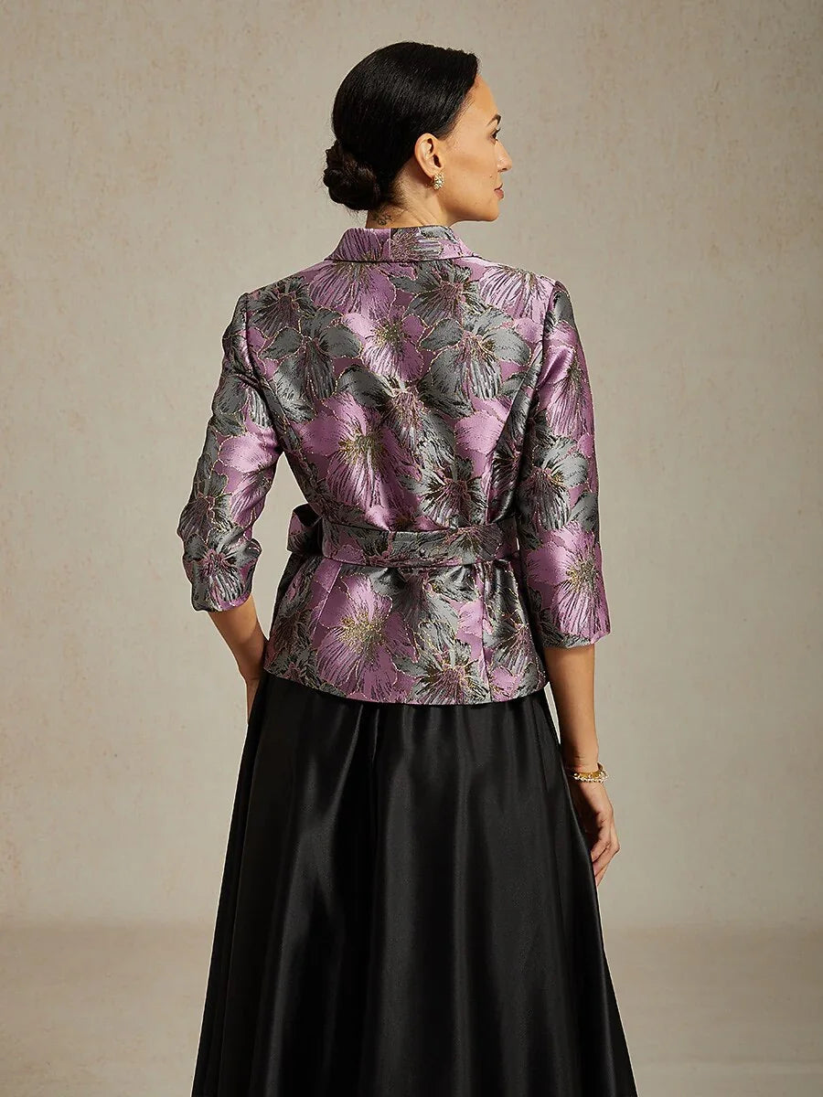Dreiviertelärmelige Bluse mit floralem Jacquardmuster und Bindegürtel