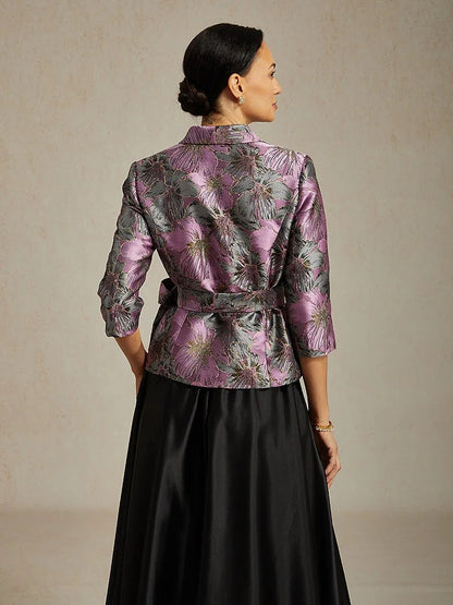 Dreiviertelärmelige Bluse mit floralem Jacquardmuster und Bindegürtel