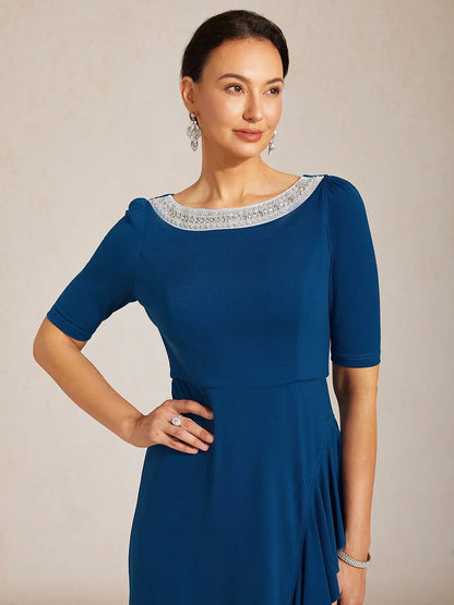 Boat Neck Ruffle A-Line Maxi Dress with Rhinestone Neck Detail