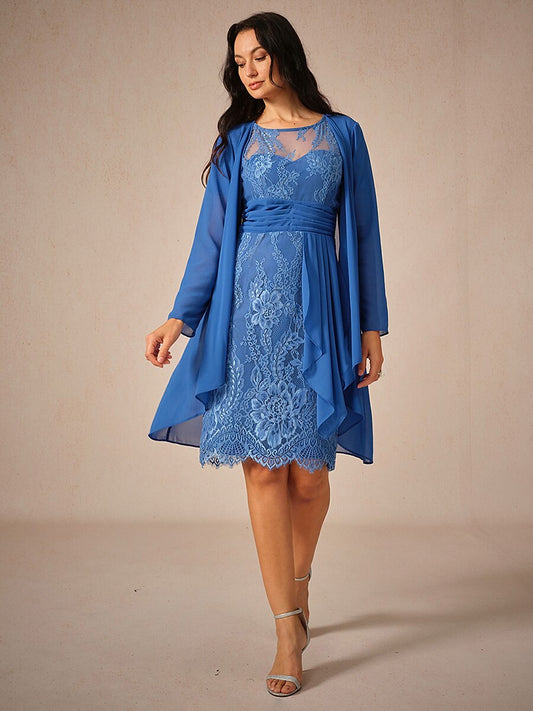 Elegant Knee-Length Lace Dress With Sheer Chiffon Jacket