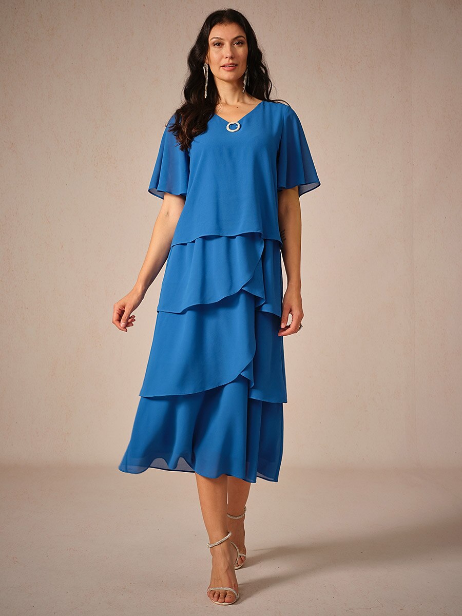 Tiered Midi V-Neck Short Sleeve Dress