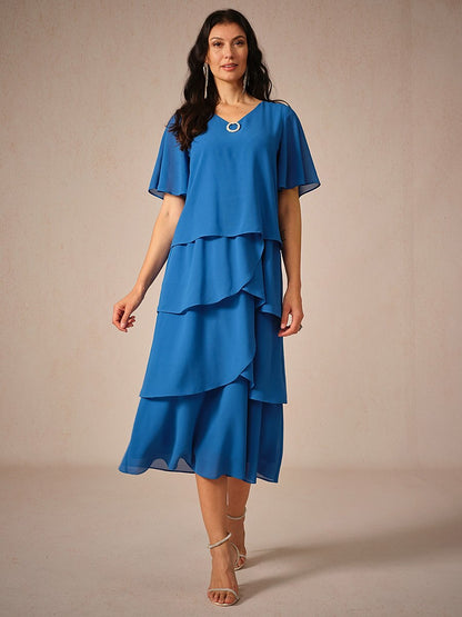 Tiered Midi V-Neck Short Sleeve Dress