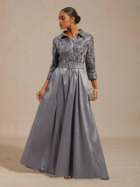 Stretch Taffeta Embroidered Cocktail Dress with Sequin Bodice