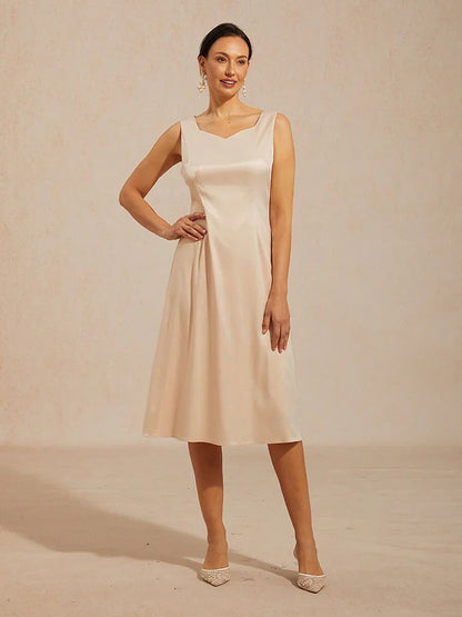 Sleeveless Diamond Neck Satin A-Line Dress