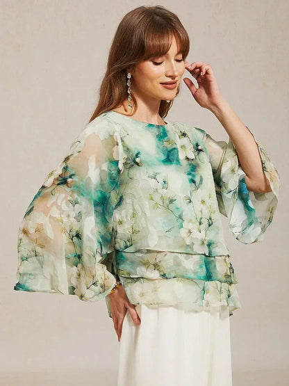 Lace Chiffon Layered Blouse with Floral Print