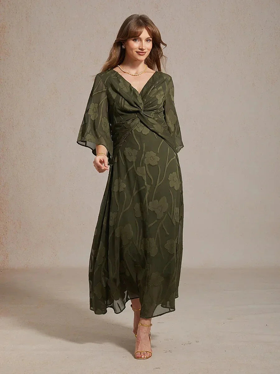 Robe longue en mousseline à volants, torsadée, à motif floral en dentelle