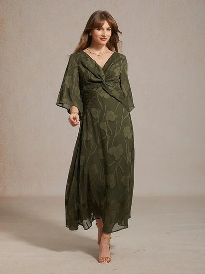 Robe longue en mousseline à volants, torsadée, à motif floral en dentelle