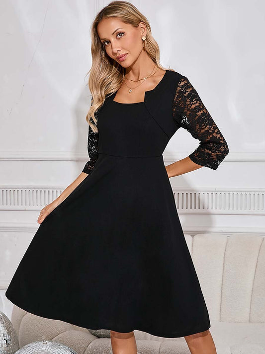 Black Lace Midi Dress with Bishop Sleeves
