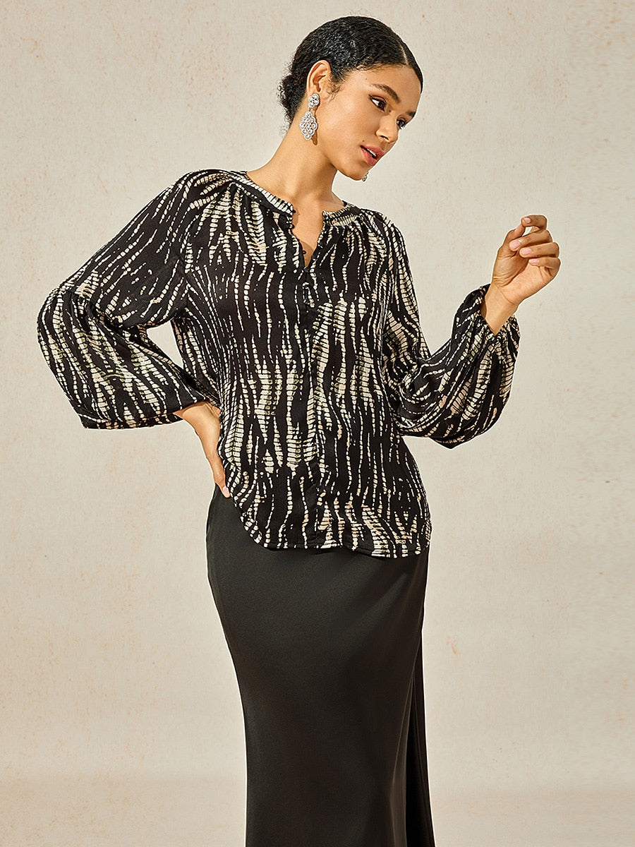 Satin Lantern Sleeve Notched Collar Buttoned Blouse