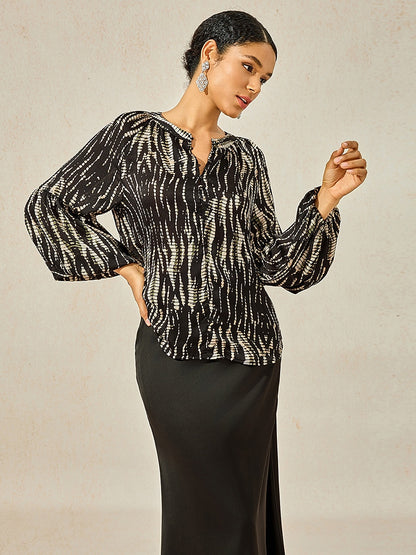 Satin Lantern Sleeve Notched Collar Buttoned Blouse