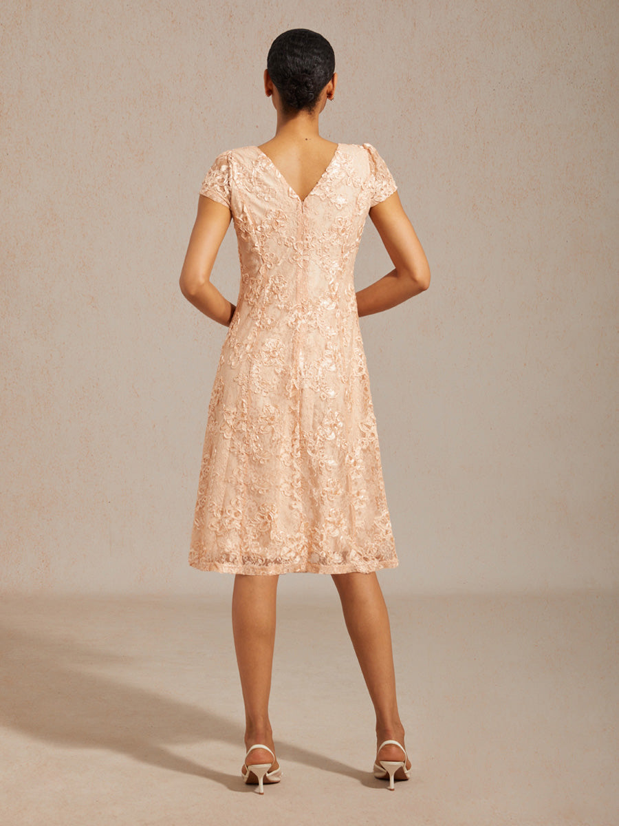 Rosette Lace Boat Neck A Line Dress