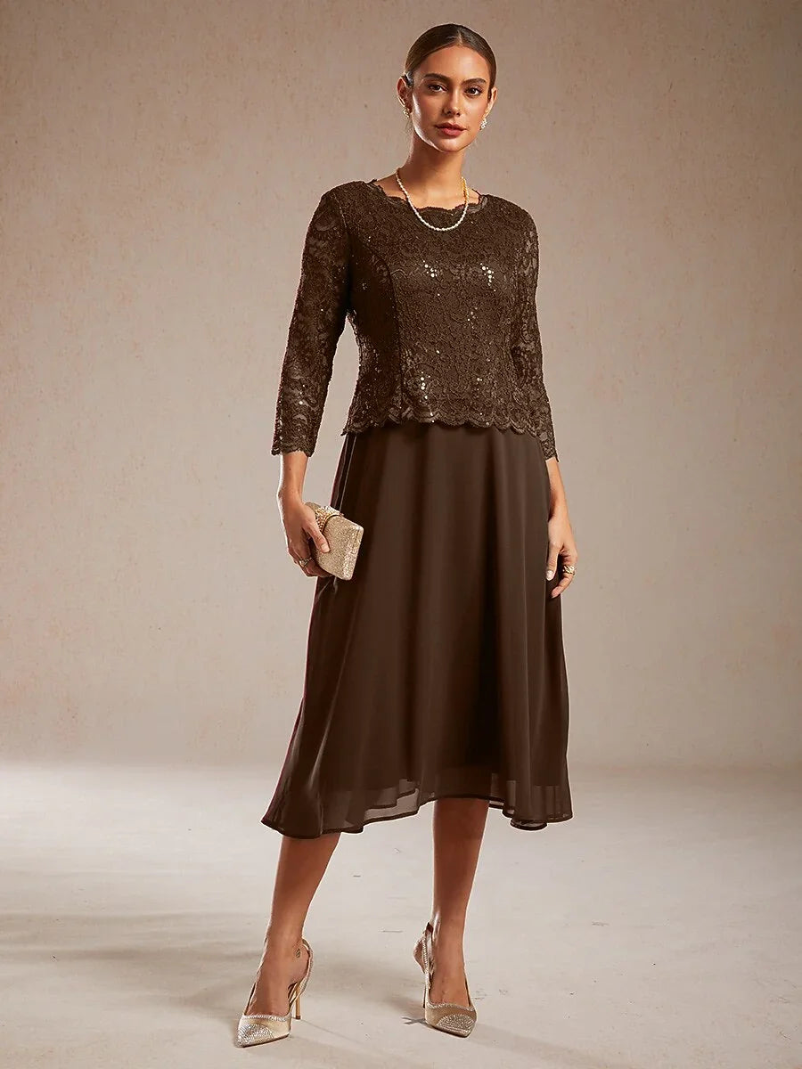 Robe élégante en dentelle et mousseline de soie, longueur thé