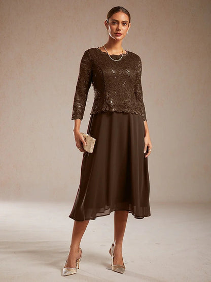 Robe élégante en dentelle et mousseline de soie, longueur thé