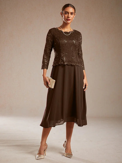 Elegant Lace and Chiffon Tea-Length Dress