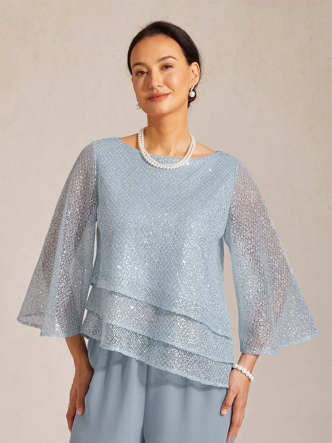 Bell Sleeves Mesh Sequin Layered Top