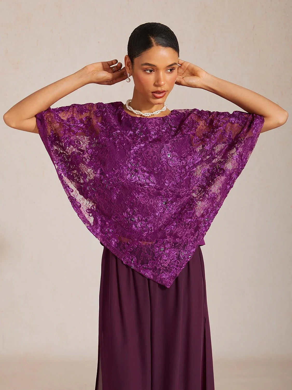 Rosette Lace Batwing Top with Sequin Accent