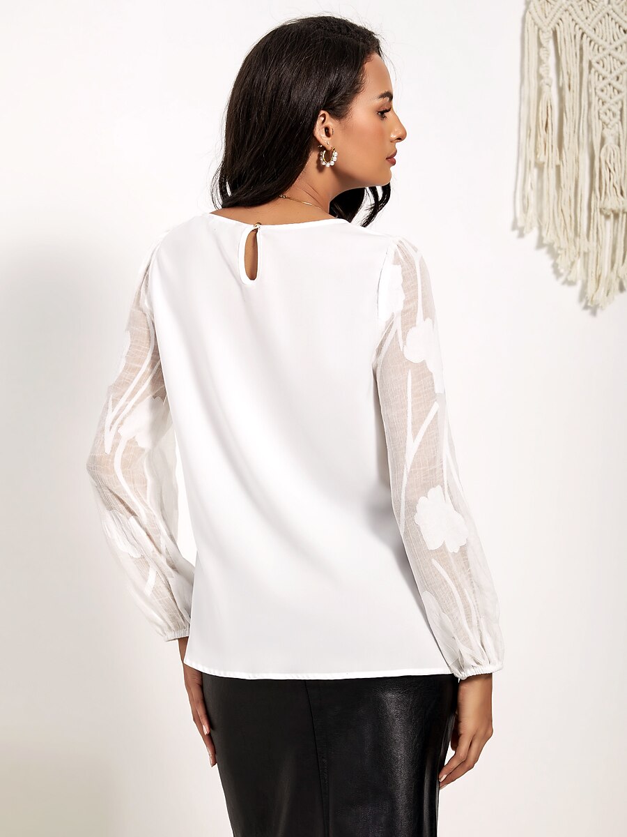 Sheer Floral Lace Boat Neck White Blouse
