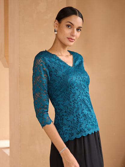 Feminine V-Neck Stretch Lace Top with Scalloped Hem