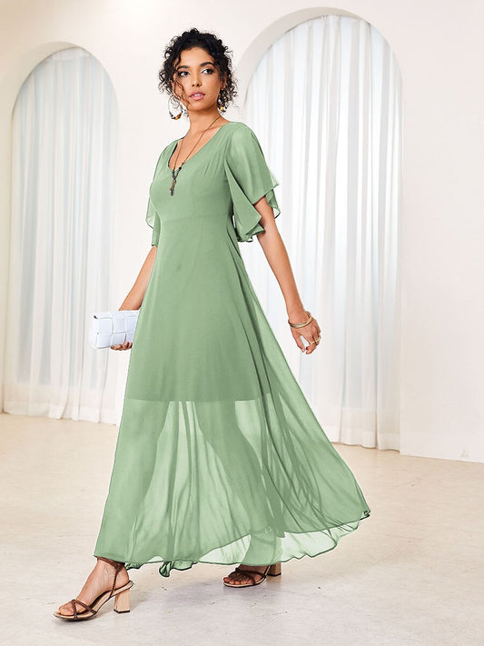 Flutter Sleeve Ruffle Elegant Chiffon Dress