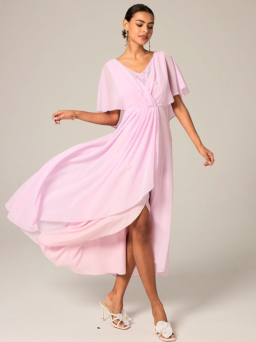 Ruched Chiffon Embroidery Lace Pink Dress-S9841068