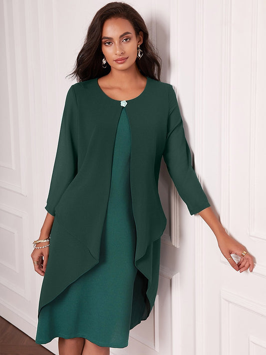 3/4 Sleeve Knee-Length Chiffon Dress with Rhinestone