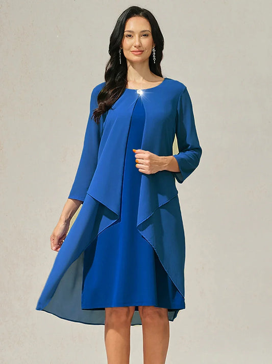 3/4 Sleeve Knee-Length Chiffon Dress with Rhinestone