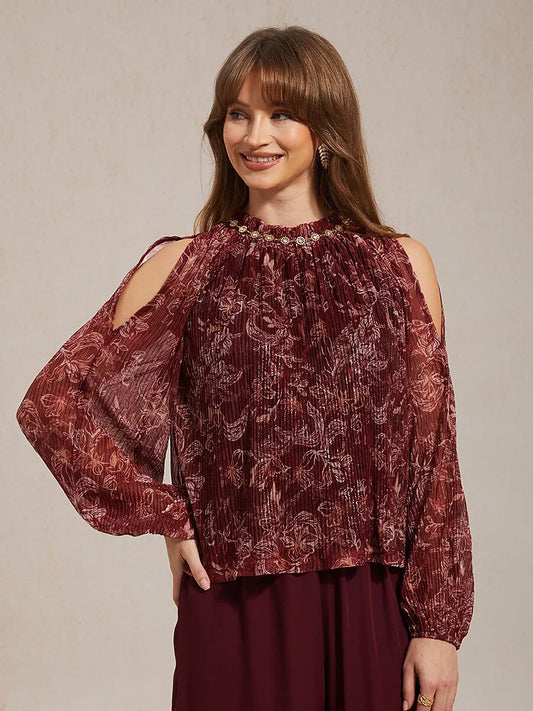 Ruffled Cold Shoulder Chiffon Blouse with Metallic Detail