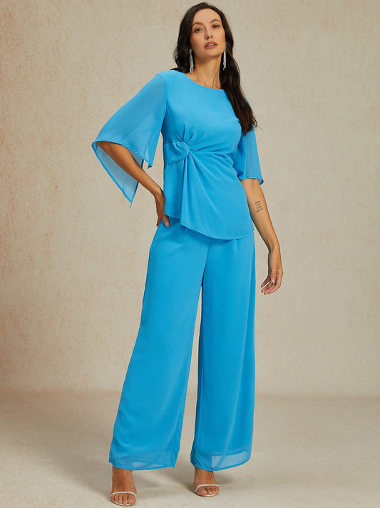 Blue Ruched Crew Neck Two-piece Set