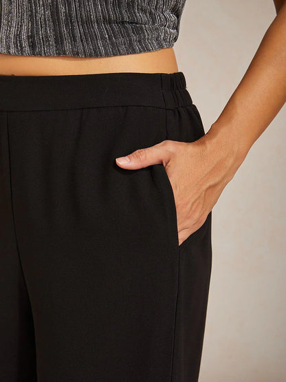 Mid-Rise Elastic Waist Wide-Leg Pants with Pockets