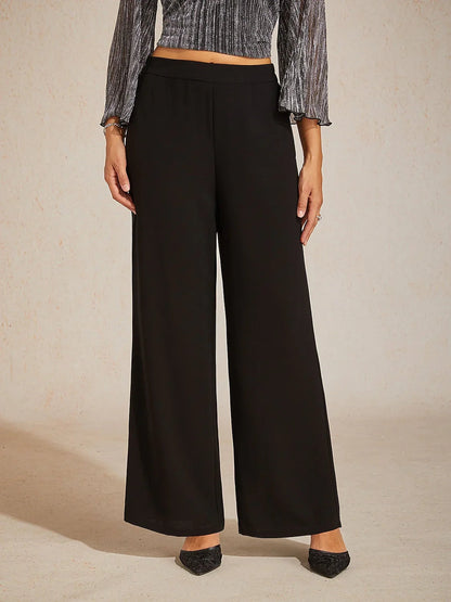 Mid-Rise Elastic Waist Wide-Leg Pants with Pockets