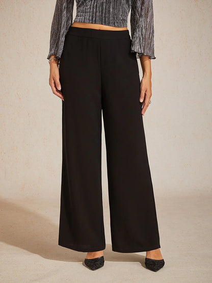 Mid-Rise Elastic Waist Wide-Leg Pants with Pockets