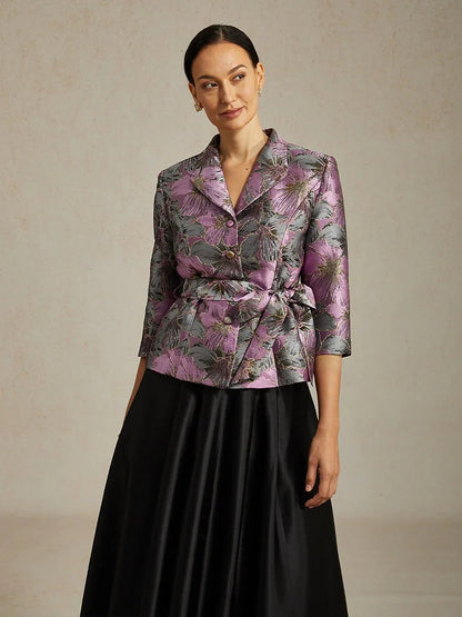Dreiviertelärmelige Bluse mit floralem Jacquardmuster und Bindegürtel