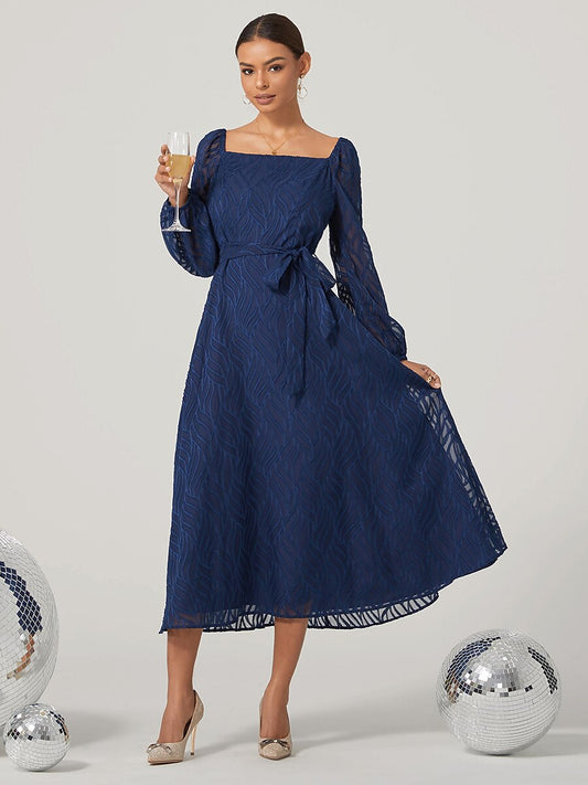 Blue Belted Crew Neckline Maxi Dress