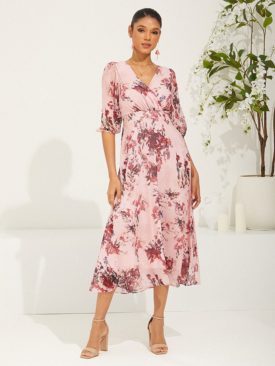 Puff Sleeve Floral Chiffon Dress