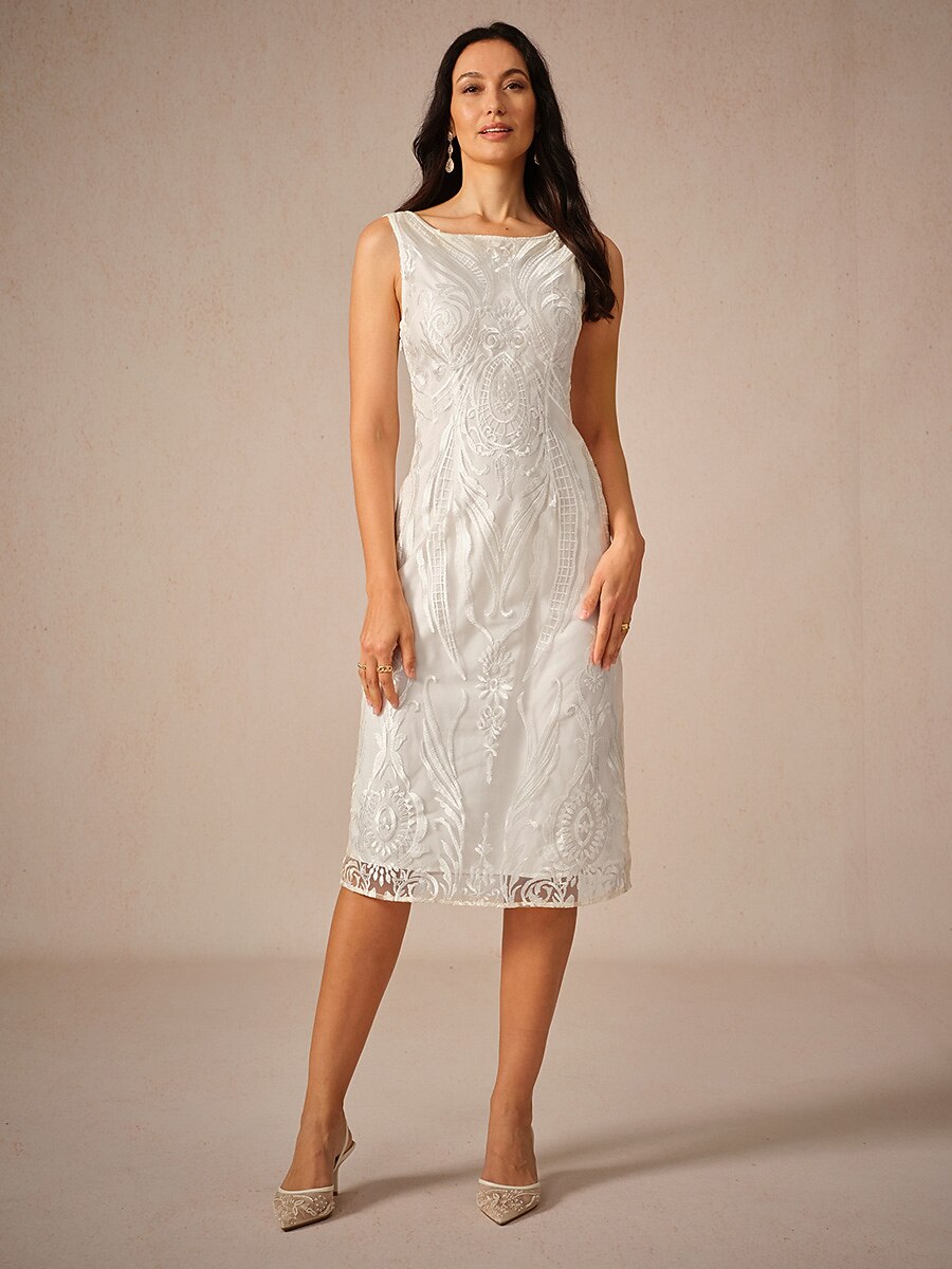 Embroidery Lace Boat Neck Sleeveless Dress