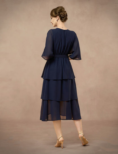 Chiffon Layered Ruffle V-Neck Dress
